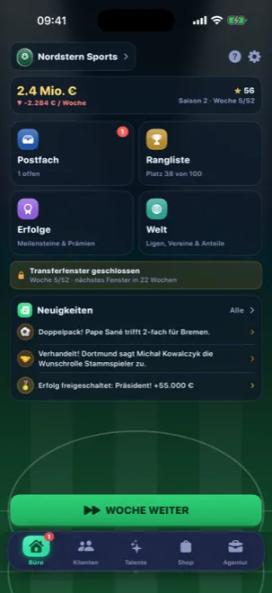 FootyAgent Startbildschirm: Kontostand, Postfach, Rangliste und Neuigkeiten der Woche