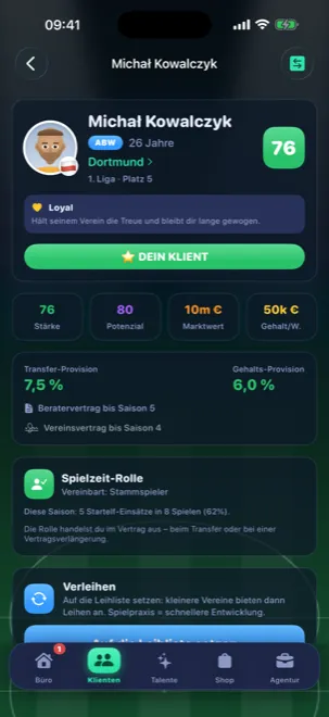 Spielerprofil mit Stärke, Potenzial, Marktwert und Provisionen