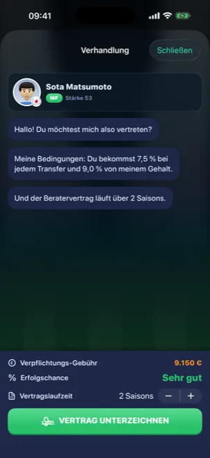 Verhandlungs-Chat mit einem Verein über Gehalt und Vertragslaufzeit