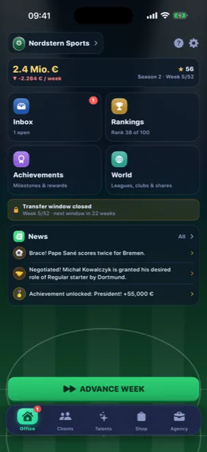 FootyAgent home screen: balance, inbox, rankings and this week's news