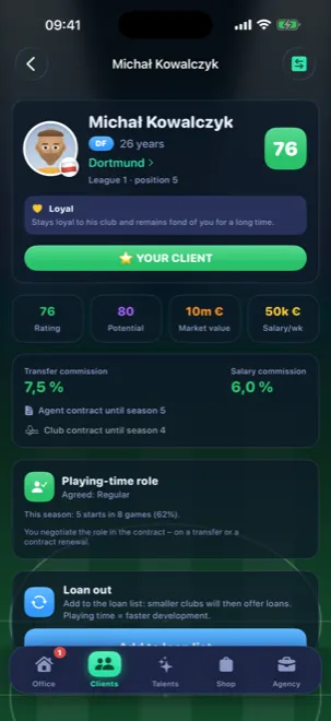 Player profile with strength, potential, market value and commissions