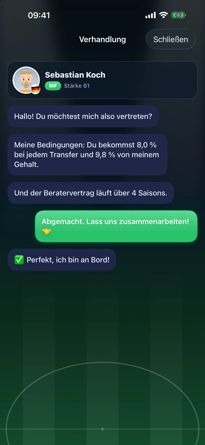 Beratervertrag im Chat: Der Spieler fordert 8,0 % jeder Ablöse und 9,8 % seines Gehalts für vier Saisons, der Berater schlägt ein
