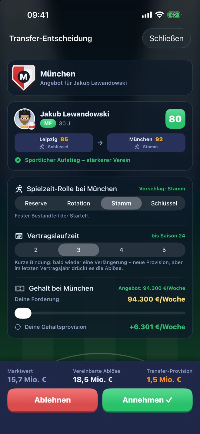 FootyAgent Transferentscheidung: Angebot aus München für Klient Jakub Lewandowski mit Spielzeit-Rolle, Vertragslaufzeit, Gehalt und Provision des Beraters
