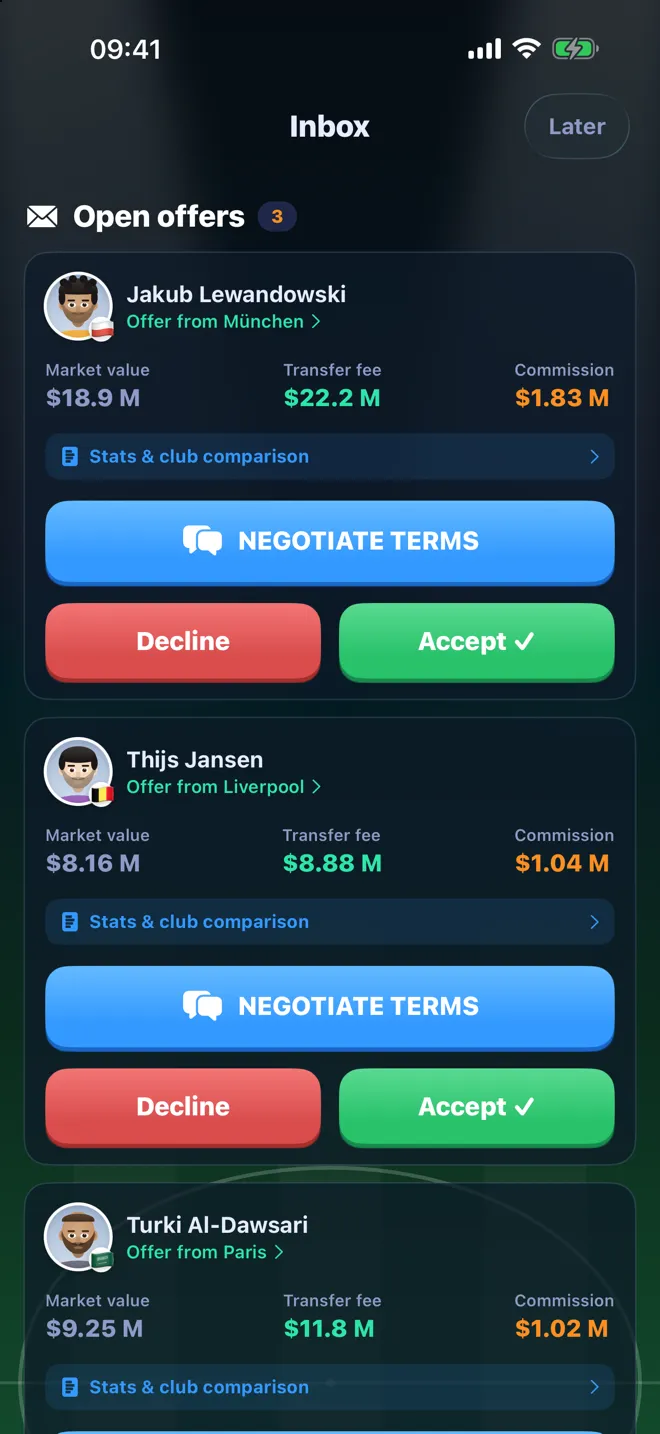 Inbox with three open transfer offers, each showing market value, transfer fee and the agent's commission