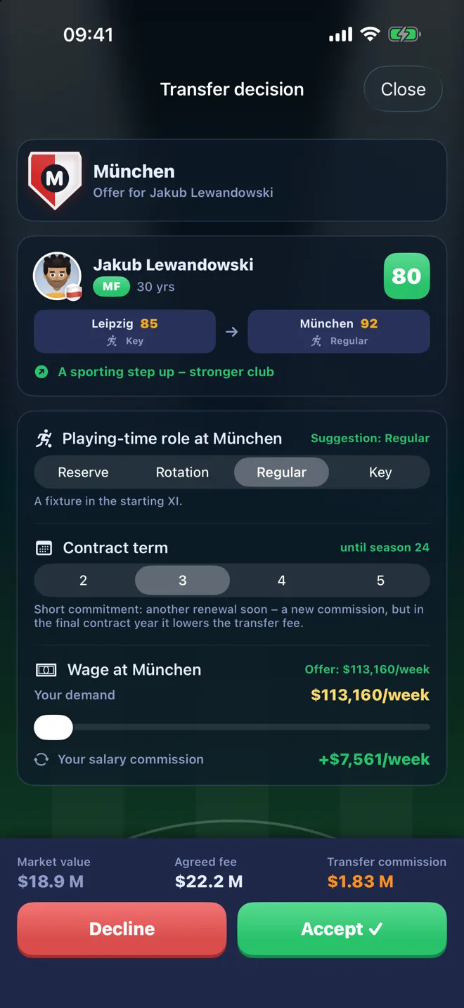 FootyAgent transfer decision: an offer from München for client Jakub Lewandowski with playing-time role, contract term, wage and the agent's commission